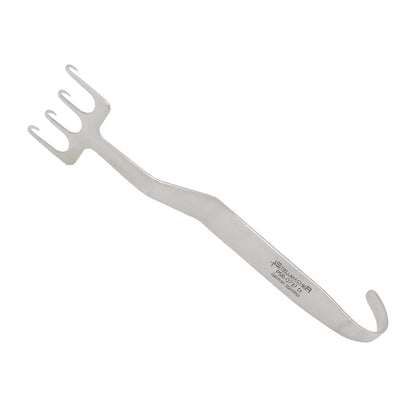 FREEMAN Face-lift retractor - with bent neck, 4 sharp prongs, blade 38 mm, length 18 cm