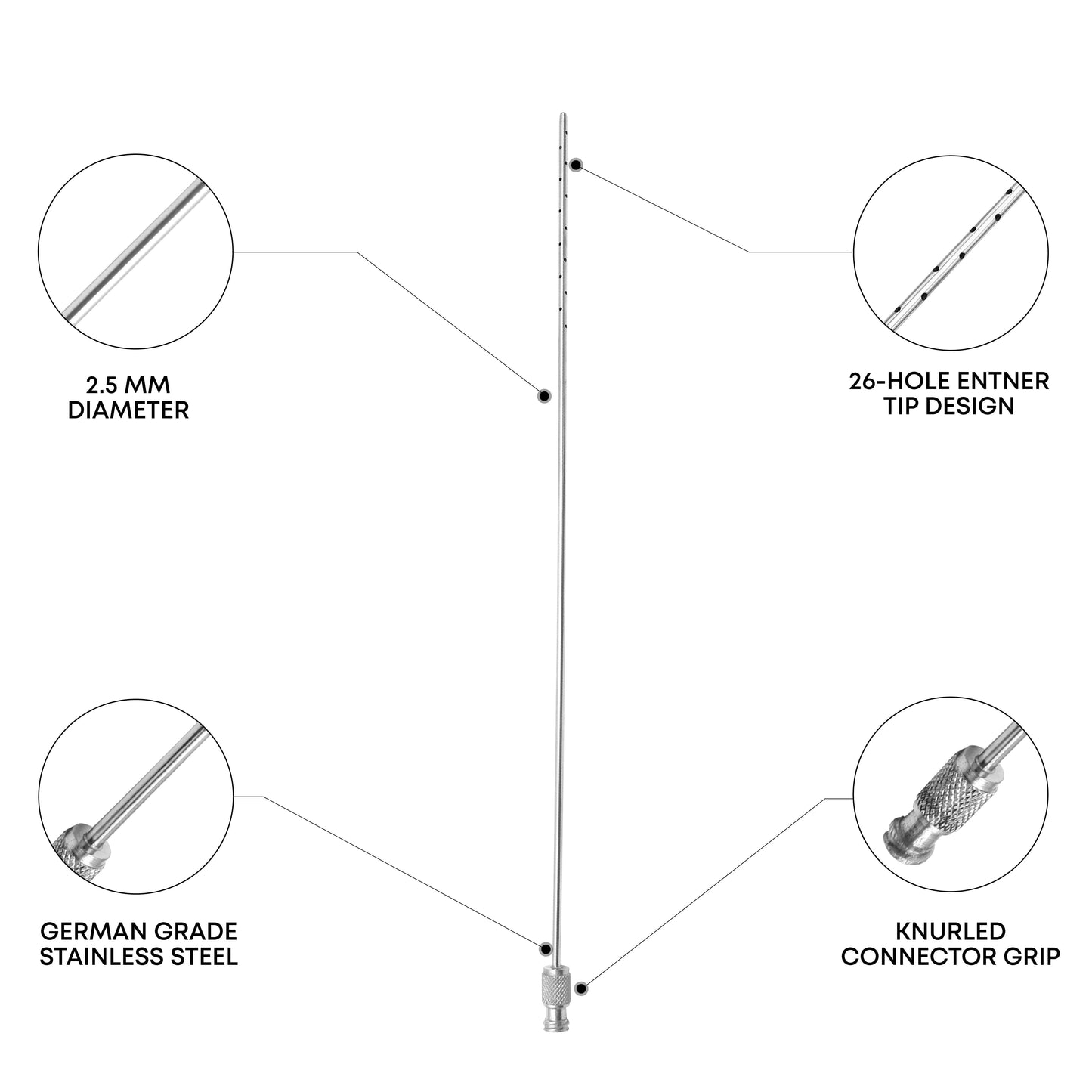 ENTNER Multiport Liposuction Cannula – 26 Holes, Ø2.5mm × 25cm, Luer-Lock