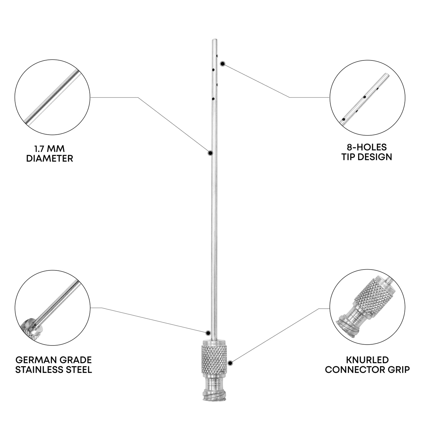 Facial Liposuction Cannula – 8 Holes, Ø1.7mm × 10cm, Luer-Lock