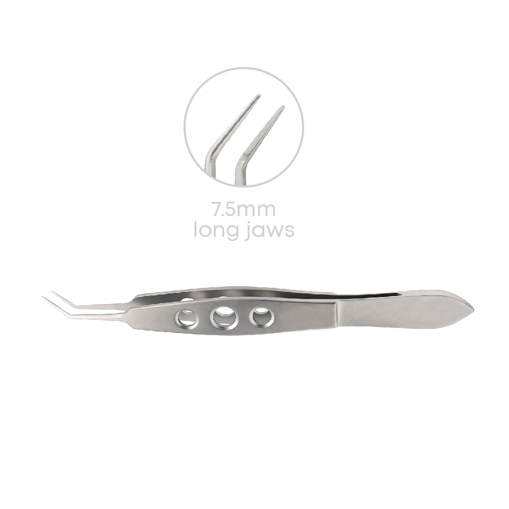 McPherson Lens Holding Ophthalmic forceps, 7.5mm long jaws, angled, very delicate, overall length 10.5cm