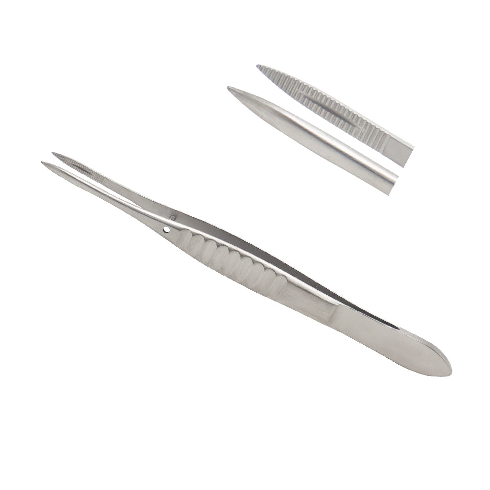 Moorfield Conjunctival forceps with grooved section and flat handle, 0.5 mm, overall length 11 cm