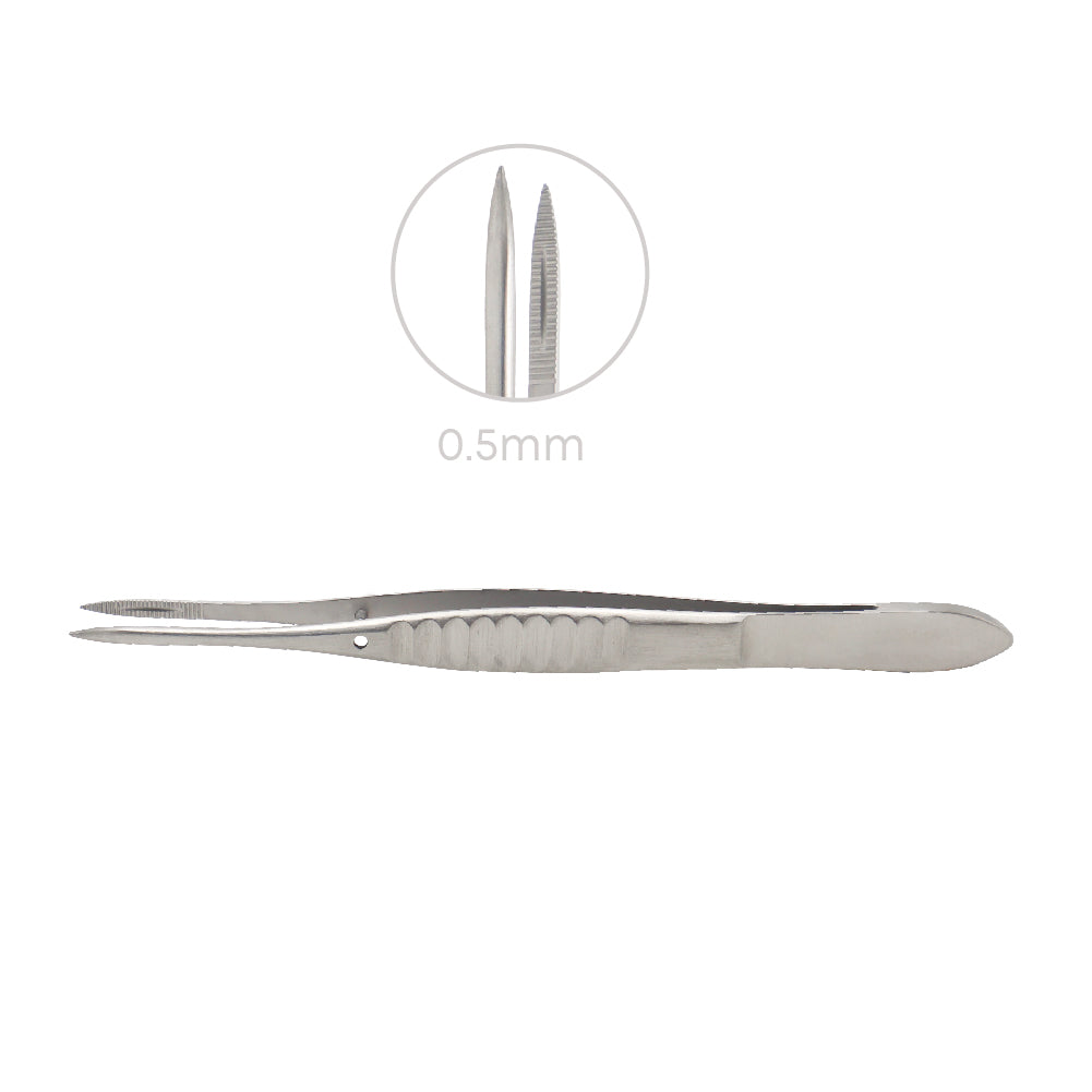 Moorfield Conjunctival forceps with grooved section and flat handle, 0.5 mm, overall length 11 cm