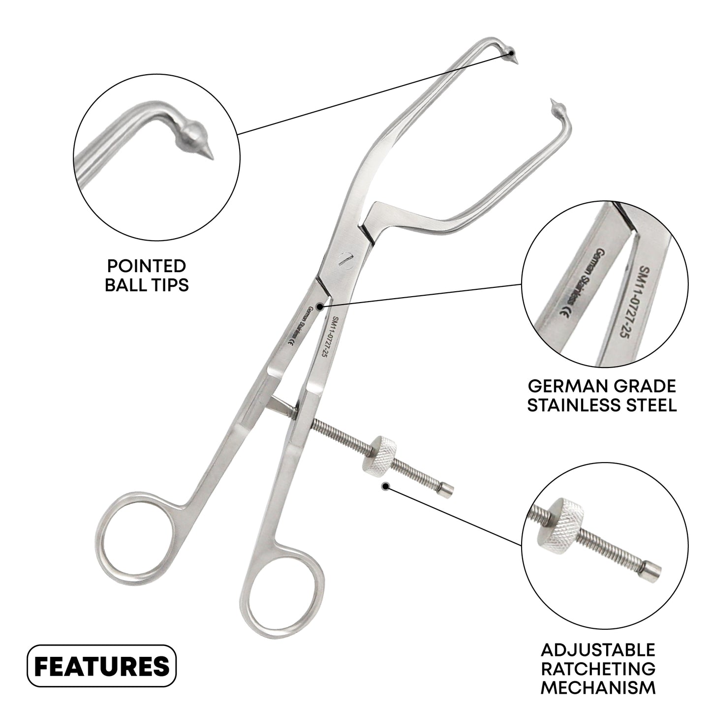 Pelvic Reduction Forceps, 24.5 cm, Long Pointed Ball Tips – German Grade Stainless Steel