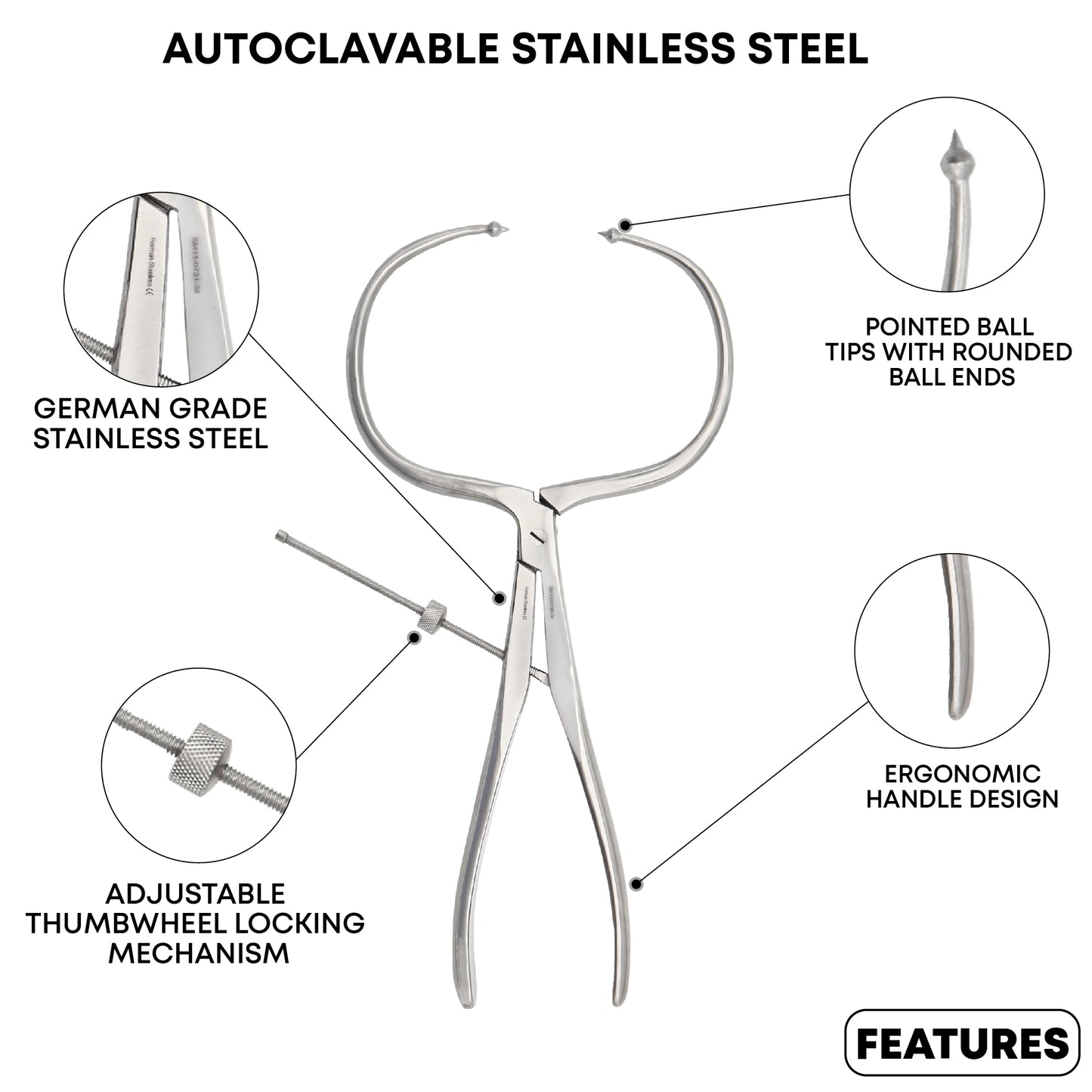 Periarticular Reduction Forceps 38cm Straight Pointed Ball Tip | Orthopedic Surgical Clamp