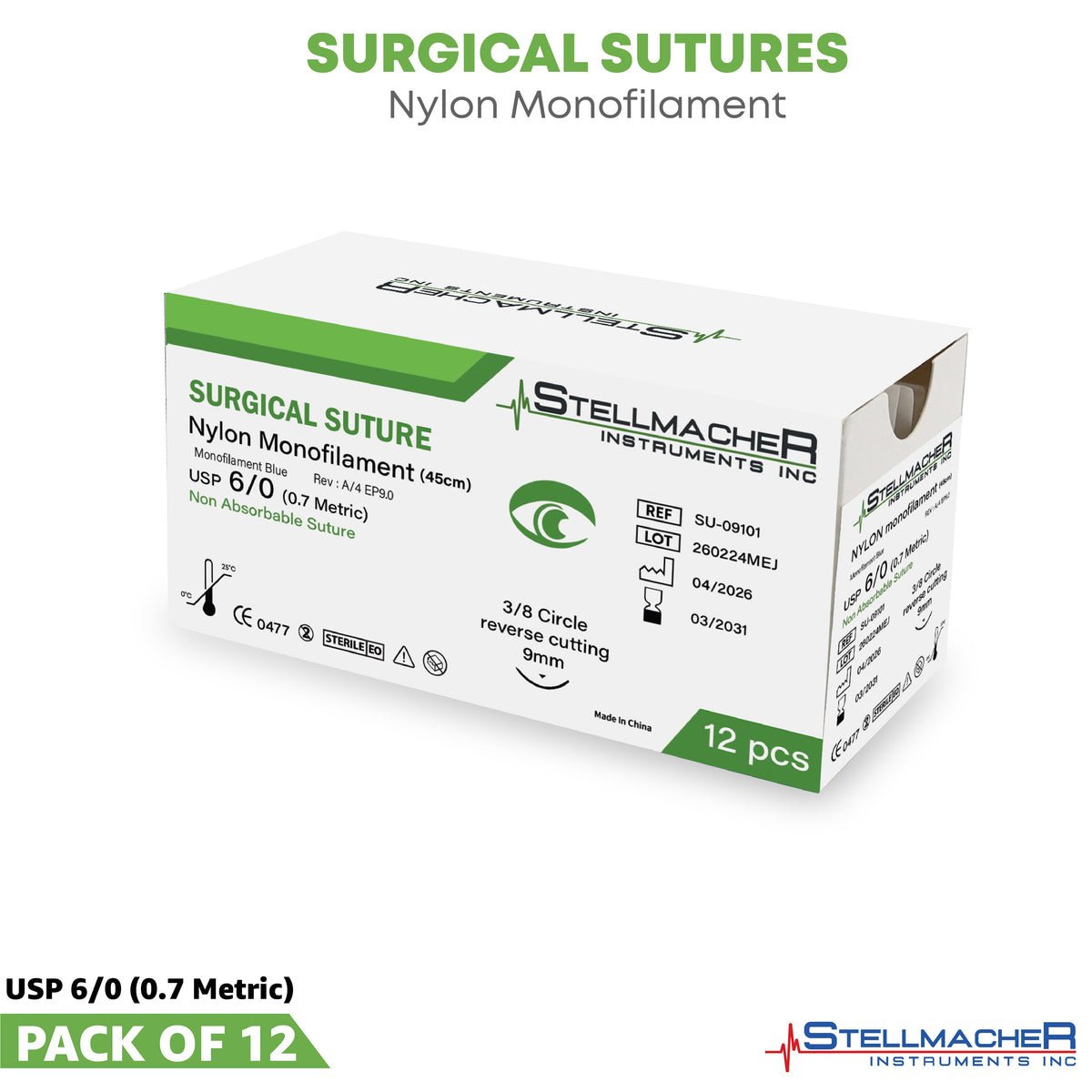 Nylon Monofilament Ophthalmic Sutures USP 6/0 – 12 Pcs with Needle