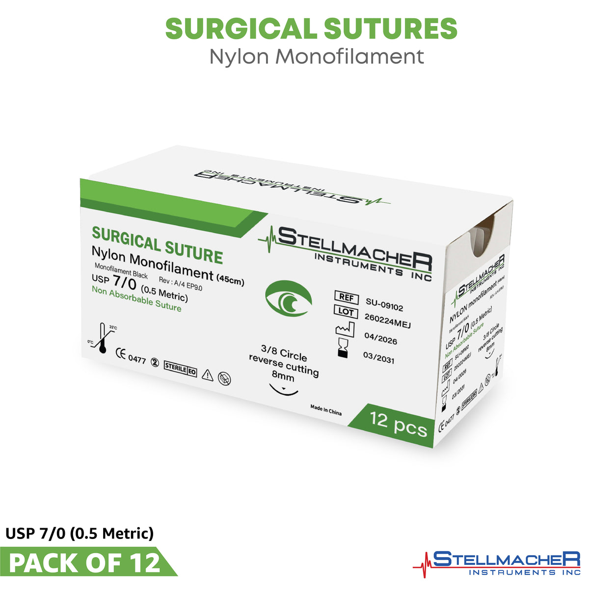 Nylon Monofilament Ophthalmic Sutures USP 7/0 – 12 Pcs with Needle