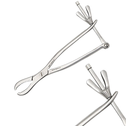 surgeon holding bone clamp forceps used in orthopedic fracture fixation procedure